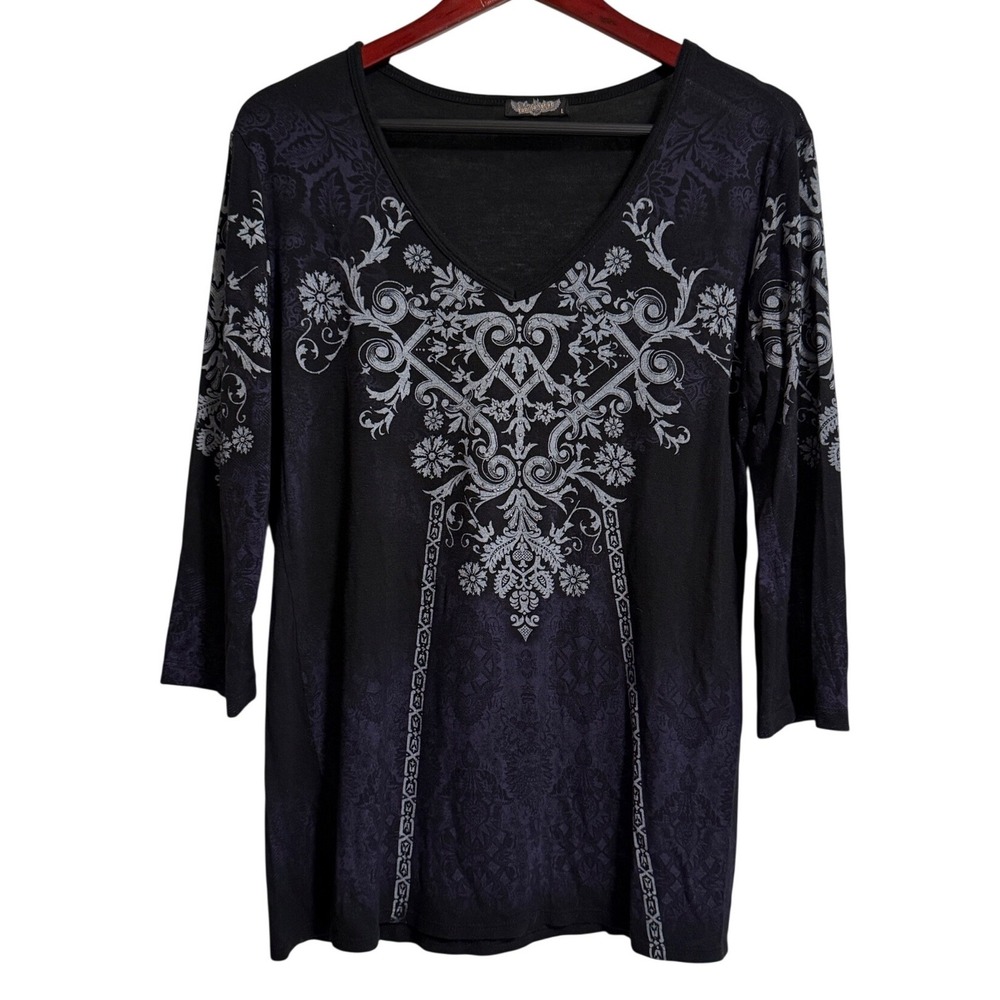 Vanilla Sugar Womens Black Purple Silver Damask Rhinestone V-Neck Top Large